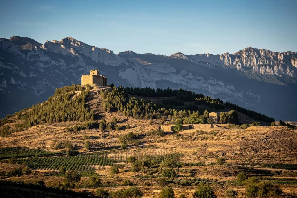 Historic castle in La Rioja, Spain, with vineyards and mountains—ideal for cultural immersion while learning Spanish