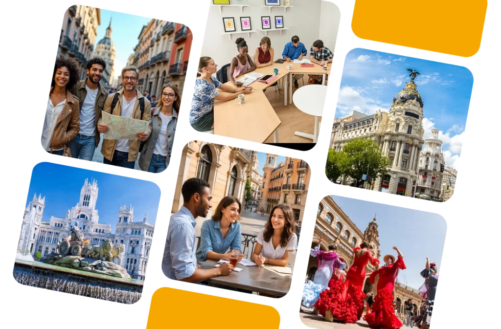 Collage of international students, Spanish classes, Madrid landmarks, and cultural activities at LAE Madrid