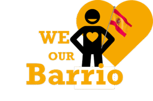 We Love Our Barrio LAE Madrid campaign logo with a yellow heart, blue figure, and Spanish flag.