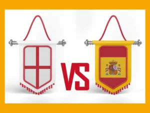 Two hanging pennants side-by-side, one featuring the English flag and the other the Spanish flag, with a red "VS" symbol in between.