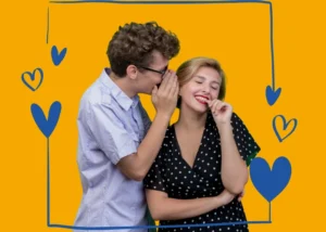 A man whispering into the ear of a laughing woman, illustrating the warmth and connection of the Spanish language in Madrid.