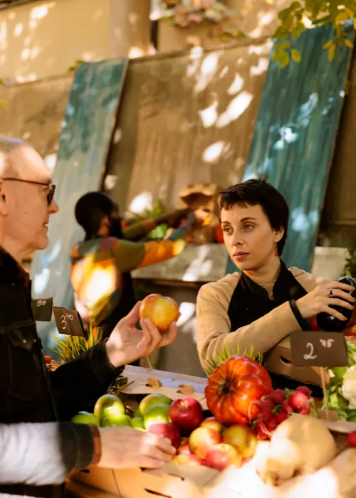 A mature man in glasses and a mature woman engaging in a conversation over a fruit stall at a sunny outdoor market in Madrid.