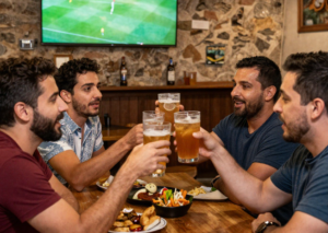 Friends gathered around a screen in a Madrid taberna during World Cup season