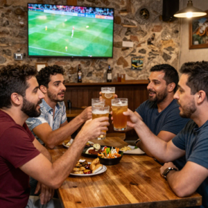 riends gathered around a screen in a Madrid taberna during World Cup season