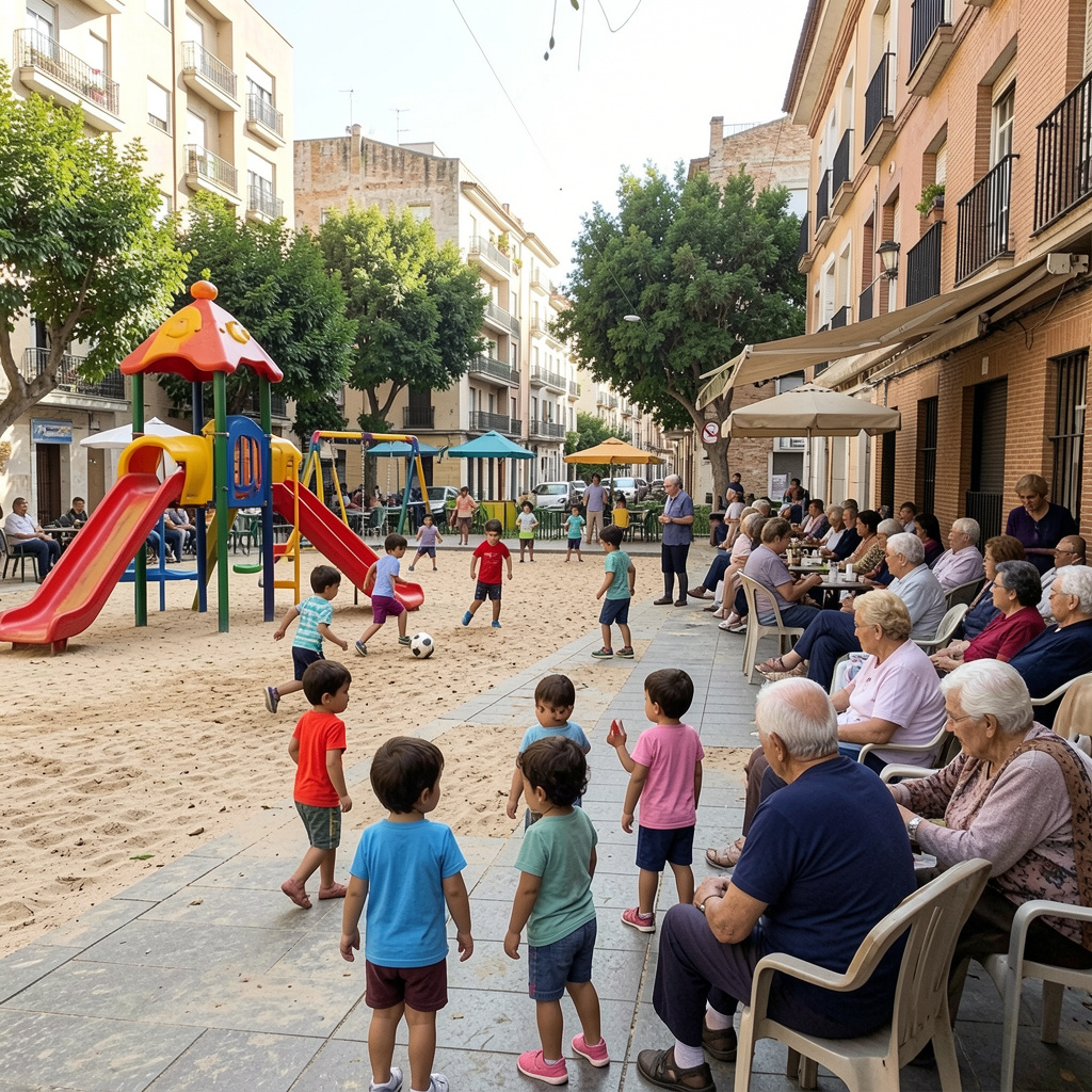 A family spending time together in a Madrid plaza during World Cup season