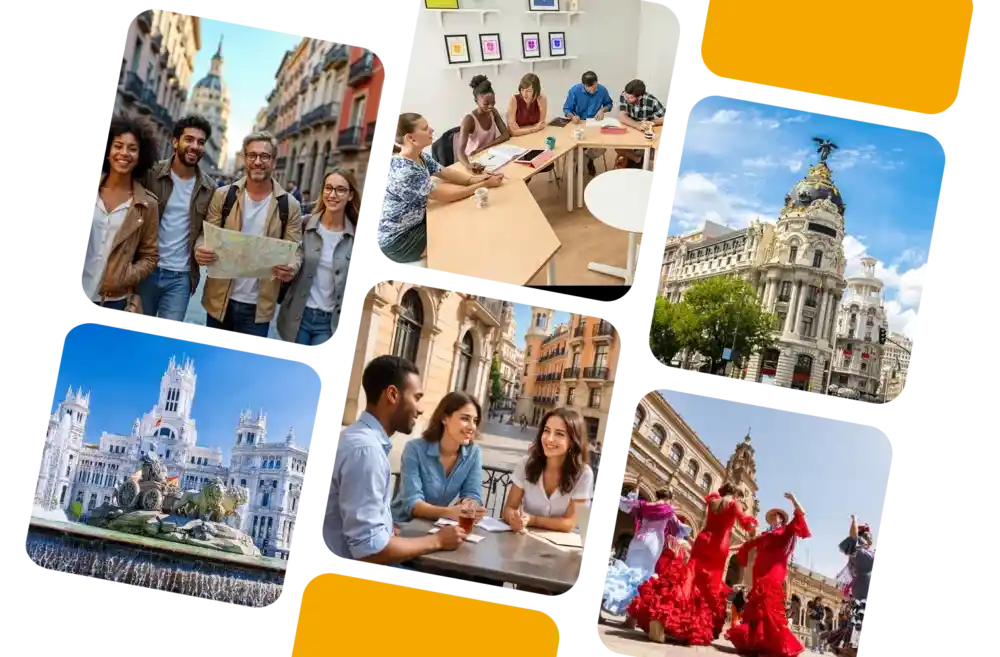 Collage of international students, Spanish classes, Madrid landmarks, and cultural activities at LAE Madrid