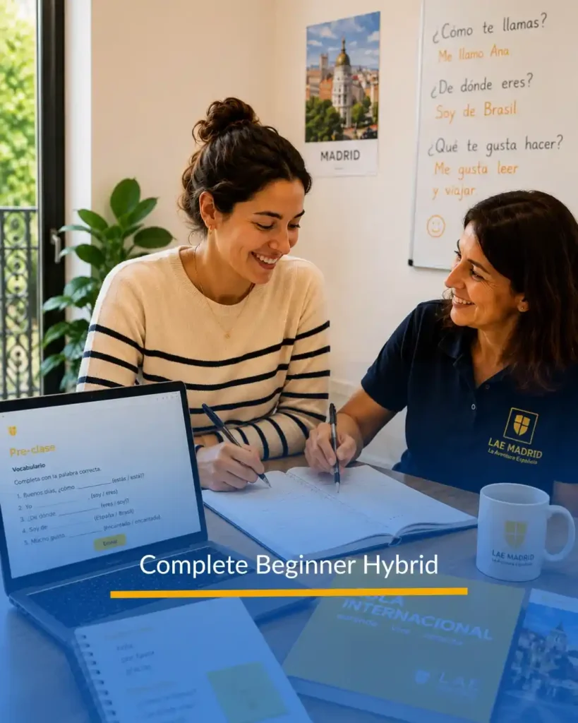 Student learning Spanish from zero in LAE Madrid's Complete Beginner Hybrid Spanish Course with face-to-face classes and guided online learning.