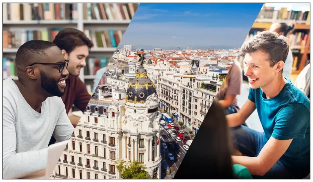Smiling Spanish students outside LAE Madrid's language school