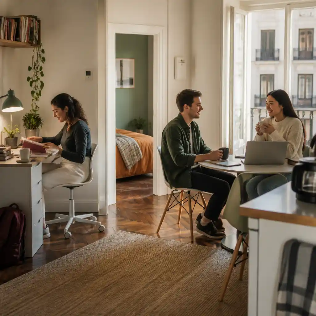 International adult students settling into shared student accommodation in Madrid