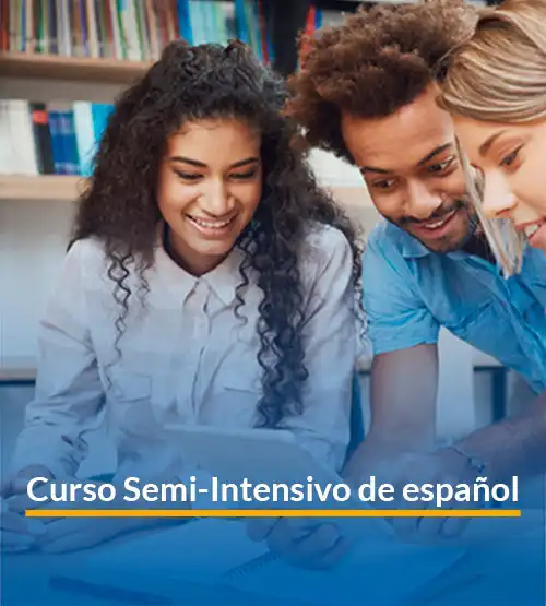 Promotional image for LAE Madrid’s semi-intensive Spanish course, ideal for students with flexible schedules
