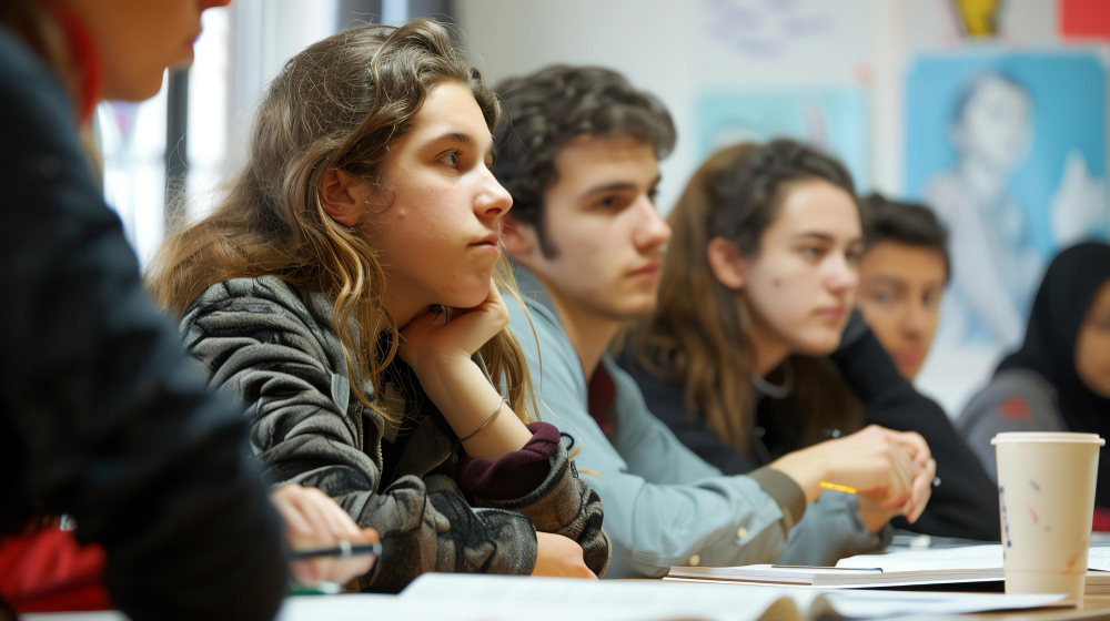 Estudiantes internacionales escuchando con atención en un aula universitaria durante una clase de posgrado en Madrid.