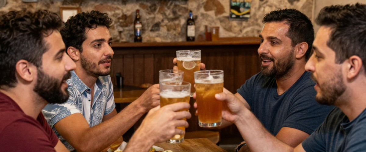 Friends gathered around a screen in a Madrid taberna during World Cup season