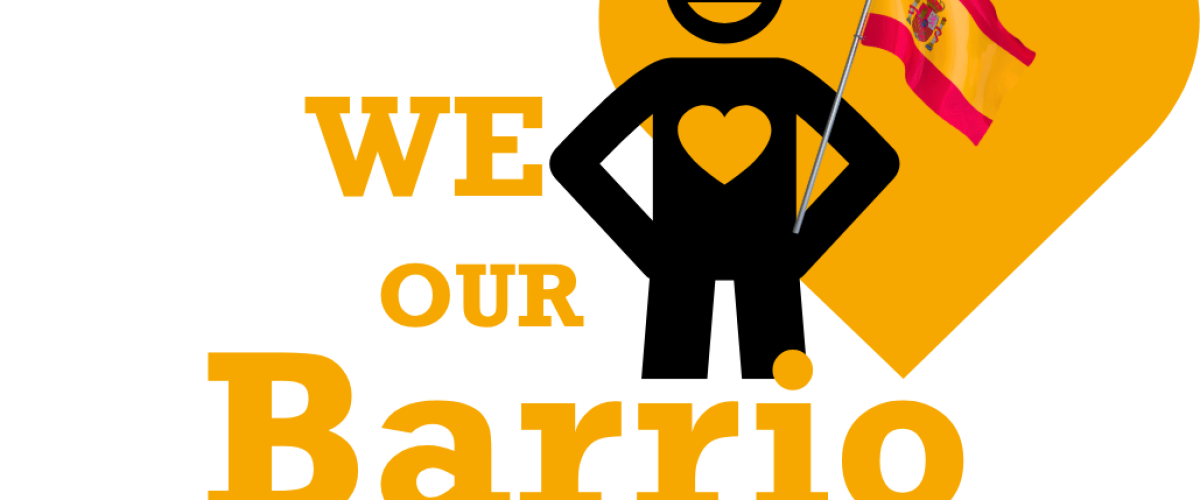 We Love Our Barrio LAE Madrid campaign logo with a yellow heart, blue figure, and Spanish flag.