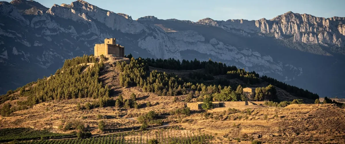 Historic castle in La Rioja, Spain, with vineyards and mountains—ideal for cultural immersion while learning Spanish